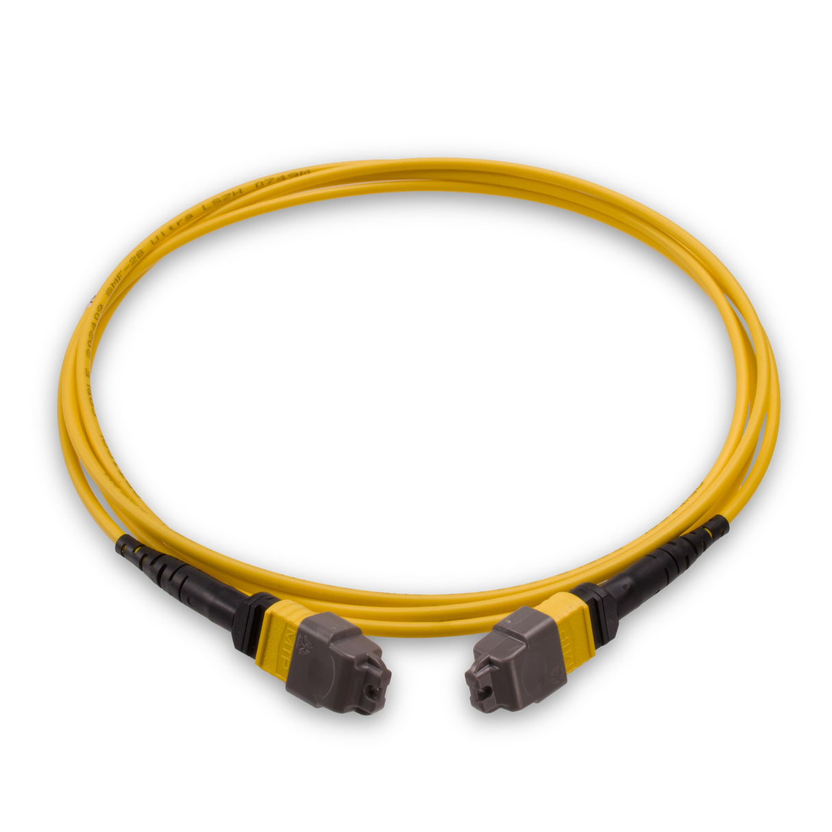 12-Fiber Elite Non-Pinned MTP® to MTP® Jumper with Corning® SMF-28® Ultra Optical Fiber, OS1/OS2 Compatible, Type B polarity, Yellow MTP® connectors, and Yellow jacket, optimized for 40GBASE-SR4 and 100GBASE-SR4 multimode parallel optics in high-density data centers.