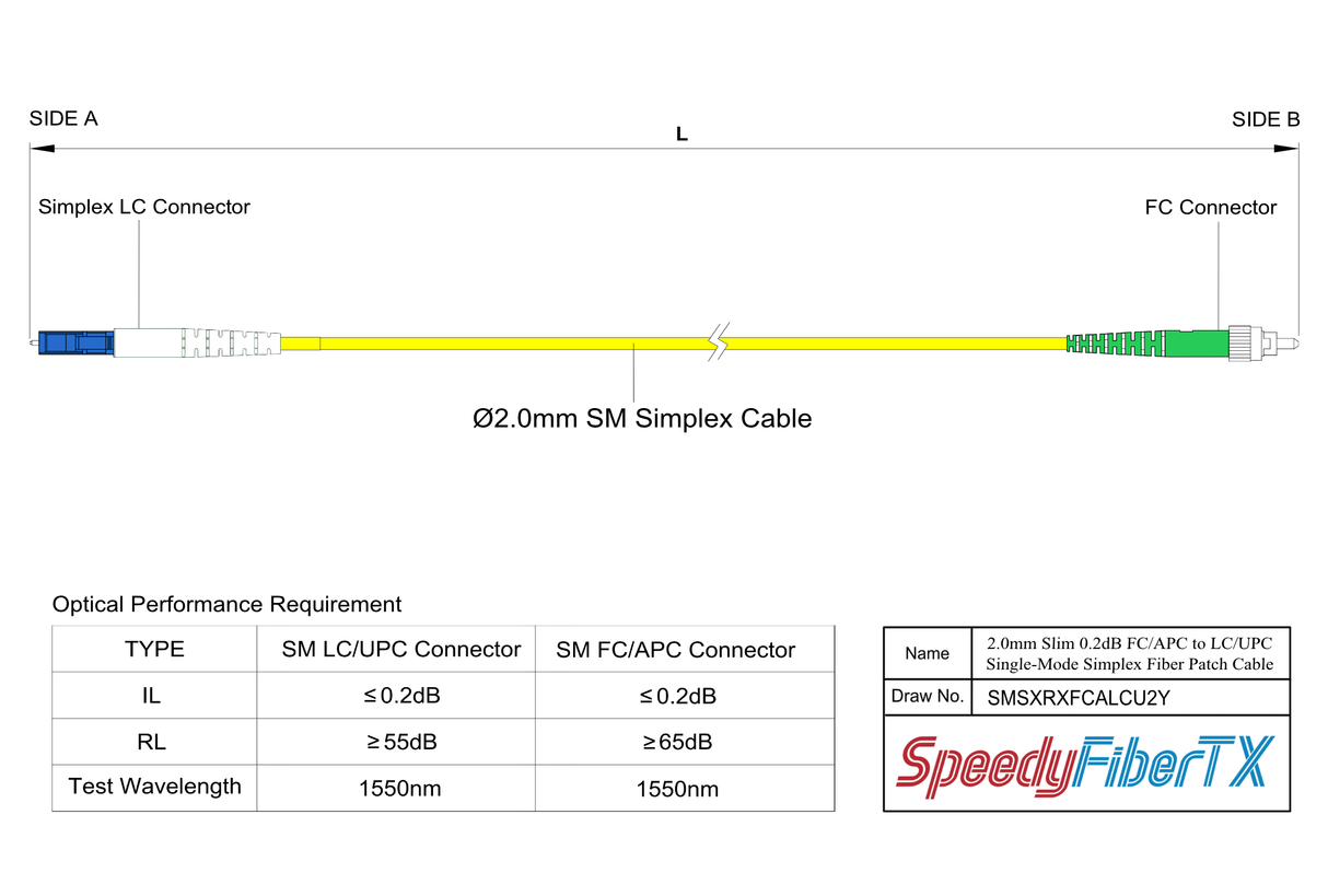 電信級 0.2dB Slim 單模單工 FC/APC to LC/UPC光纖跳線 | 康寧纖芯 | OFNR 外被