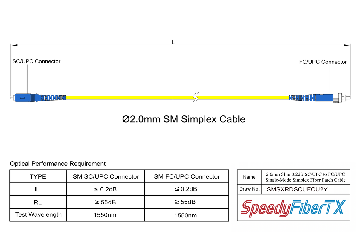 0.2dB Slim SC/UPC to FC/UPC Single-mode Simplex Fiber Patch Cable | Corning SMF-28 Ultra Fiber | OS1/OS2 Compatible | OFNR Jacket