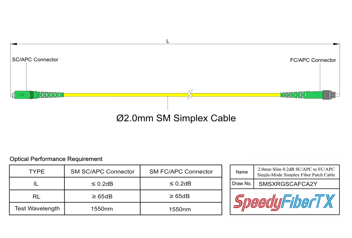 0.2dB Slim SC/APC to FC/APC Single-mode Simplex Fiber Patch Cable | Corning SMF-28 Ultra Fiber | OS1/OS2 Compatible | OFNR Jacket