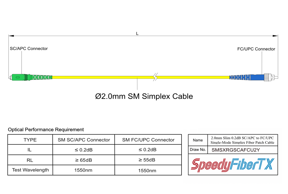 電信級 0.2dB Slim 單模單工 SC/APC to FC/UPC光纖跳線 | 康寧纖芯 | OFNR 外被