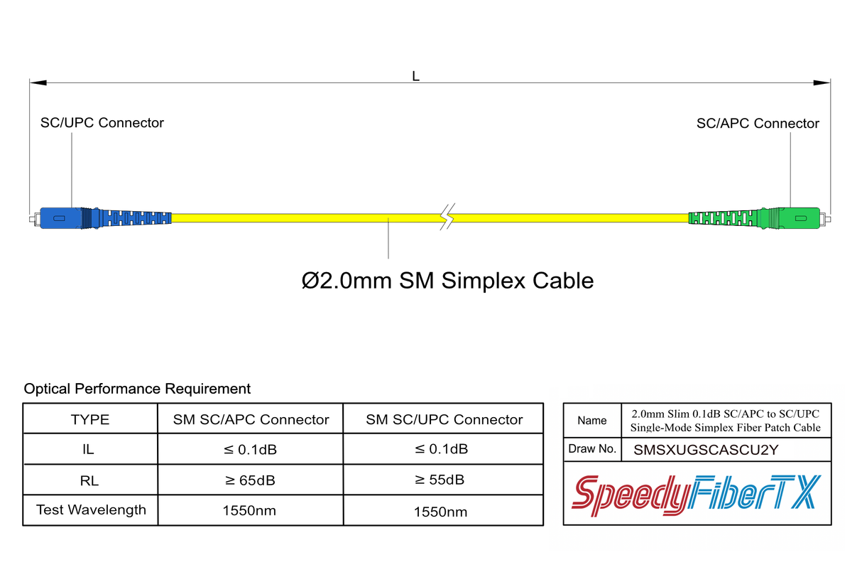 Ultra Low Loss 0.1dB Slim SC/APC to SC/UPC Single-mode Simplex Fiber Patch Cable | Corning SMF-28 Ultra Fiber | OS1/OS2 Compatible | OFNR Jacket
