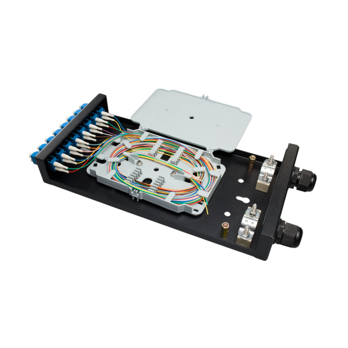 Fiber Optic Terminal Box | 16 LC/UPC SM Pigtails | 8 LC Duplex Adapters (SC Footprint, Blue)
