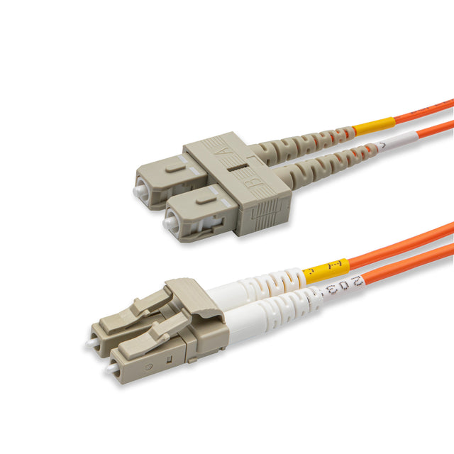 LC-SC multimode OM1 duplex fiber patch cable with Corning InfiniCor OM1 62.5/125um fiber, orange jacket, available in custom lengths. Ideal for data centers, enterprise networks, and server rooms.