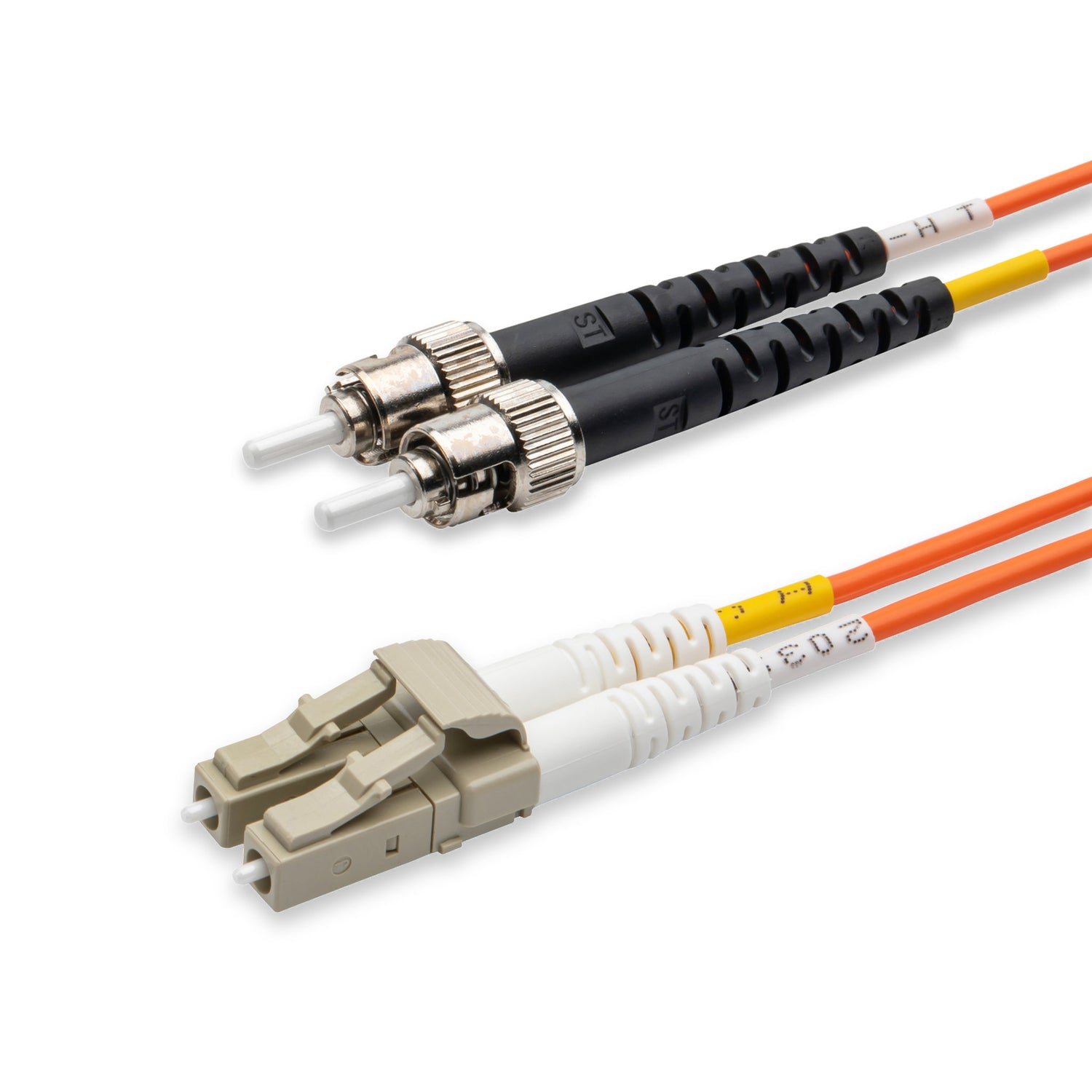 LC-ST multimode OM1 duplex fiber patch cable with Corning InfiniCor OM1 62.5/125um fiber, orange jacket, available in custom lengths. Ideal for data centers, enterprise networks, and server rooms.