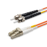 LC-ST multimode OM1 duplex fiber patch cable with Corning InfiniCor OM1 62.5/125um fiber, orange jacket, available in custom lengths. Ideal for data centers, enterprise networks, and server rooms.
