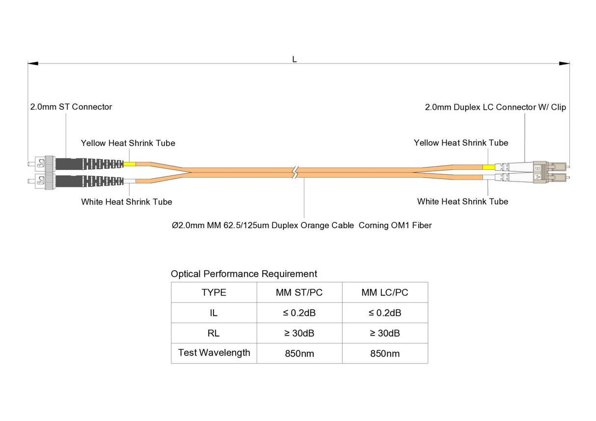 TAA Compliant Fiber Patch Cable | 0.2dB LC/UPC to ST/UPC Multimode OM1 Duplex  | Corning InfiniCor 300 Optical 62.5 µm Multimode Fiber |  Orange OFNR Jacket