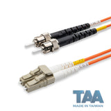 TAA合規 | 電信級 0.2dB  LC/UPC to ST/UPC 多模 OM1 雙工光纖跳線 | 康寧纖芯 |  橘色 OFNR 外被