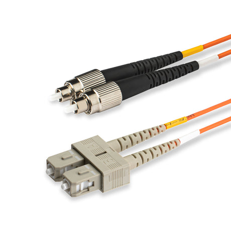 SC-FC multimode OM1 duplex fiber patch cable with Corning InfiniCor OM1 62.5/125um fiber, orange jacket, available in custom lengths. Ideal for data centers, enterprise networks, and server rooms.