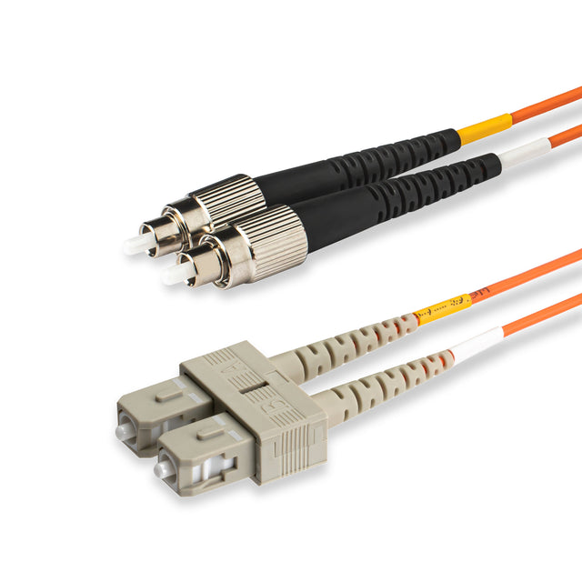 SC-FC multimode OM1 duplex fiber patch cable with Corning InfiniCor OM1 62.5/125um fiber, orange jacket, available in custom lengths. Ideal for data centers, enterprise networks, and server rooms.