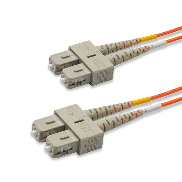 SC-SC multimode OM1 duplex fiber patch cable with Corning InfiniCor OM1 62.5/125um fiber, orange jacket, available in custom lengths. Ideal for data centers, enterprise networks, and server rooms.