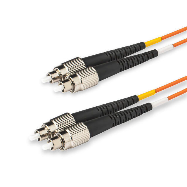 FC-FC multimode OM1 duplex fiber patch cable with Corning InfiniCor OM1 62.5/125um fiber, orange jacket, available in custom lengths. Ideal for data centers, enterprise networks, and server rooms.