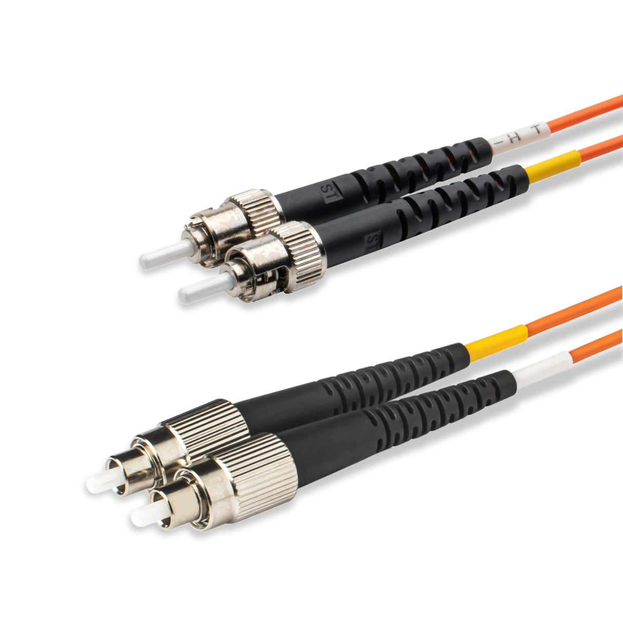 ST-FC multimode OM1 duplex fiber patch cable with Corning InfiniCor OM1 62.5/125um fiber, orange jacket, available in custom lengths. Ideal for data centers, enterprise networks, and server rooms.