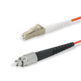 LC-FC multimode OM1 simplex fiber patch cable with Corning InfiniCor OM1 62.5/125um fiber, orange jacket, available in custom lengths. Ideal for data centers, enterprise networks, and server rooms.