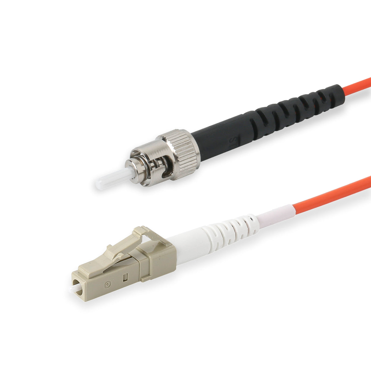 LC-ST multimode OM1 simplex fiber patch cable with Corning InfiniCor OM1 62.5/125um fiber, orange jacket, available in custom lengths. Ideal for data centers, enterprise networks, and server rooms.