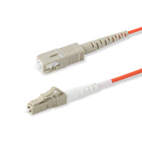 SC-LC multimode OM1 simplex fiber patch cable with Corning InfiniCor OM1 62.5/125um fiber, orange jacket, available in custom lengths. Ideal for data centers, enterprise networks, and server rooms.