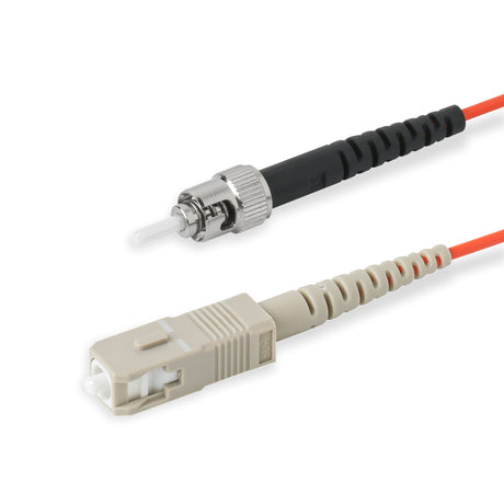 SC-ST multimode OM1 simplex fiber patch cable with Corning InfiniCor OM1 62.5/125um fiber, orange jacket, available in custom lengths. Ideal for data centers, enterprise networks, and server rooms.
