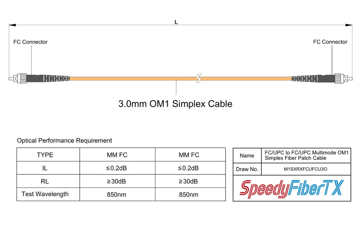 0.2dB FC/UPC to FC/UPC Multimode OM1 Simplex Fiber Patch Cable | Corning InfiniCor 300 Optical 62.5 µm Multimode Fiber |  Orange LSZH Jacket