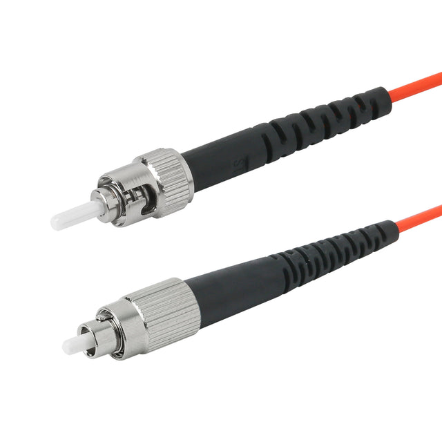 ST-FC multimode OM1 simplex fiber patch cable with Corning InfiniCor OM1 62.5/125um fiber, orange jacket, available in custom lengths. Ideal for data centers, enterprise networks, and server rooms.