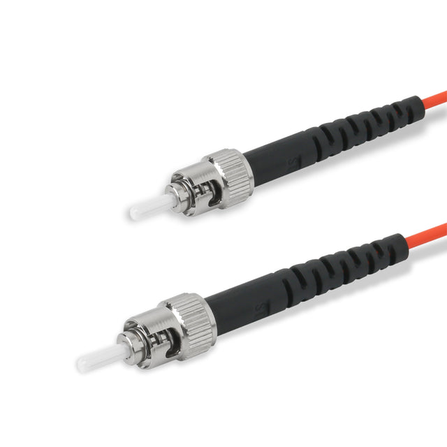 ST-ST multimode OM1 simplex fiber patch cable with Corning InfiniCor OM1 62.5/125um fiber, orange jacket, available in custom lengths. Ideal for data centers, enterprise networks, and server rooms.