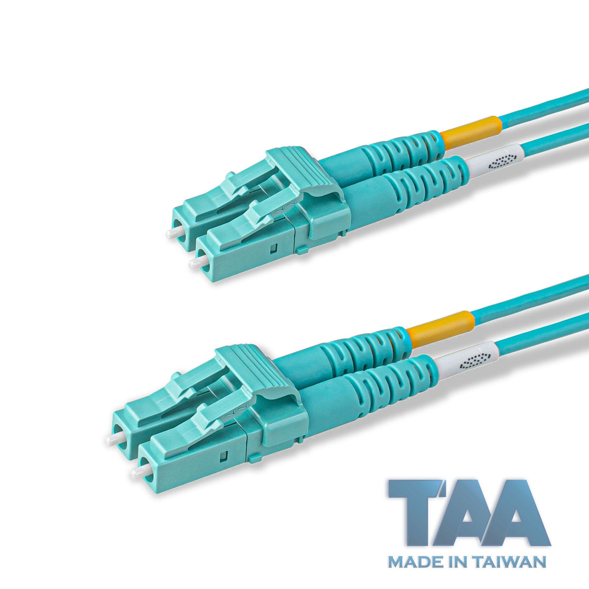 TAA合規 | 電信級 0.2dB  LC/UPC to LC/UPC 多模 OM3 雙工光纖跳線 | 康寧纖芯 |  水綠色 OFNR 外被, 水綠色接頭