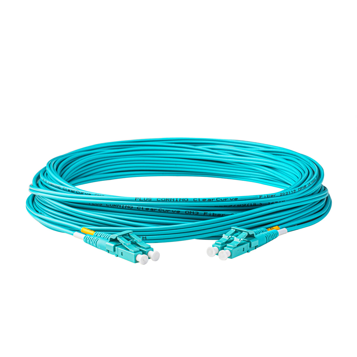 TAA Compliant Fiber Patch Cable | 0.2dB LC/UPC to LC/UPC Multimode OM3 Duplex  | Corning ClearCurve OM3 50 µm Laser-Optimized Fiber |  Aqua OFNR Jacket, Aqua  Connectors