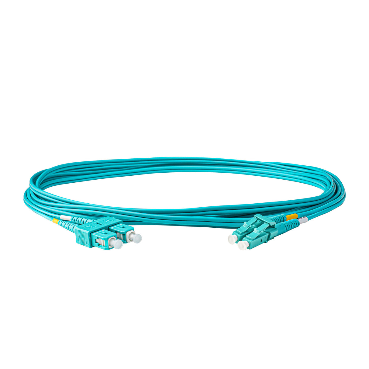 TAA Compliant Fiber Patch Cable | 0.2dB LC/UPC to SC/UPC Multimode OM3 Duplex  | Corning ClearCurve OM3 50 µm Laser-Optimized Fiber |  Aqua OFNR Jacket, Aqua  Connectors