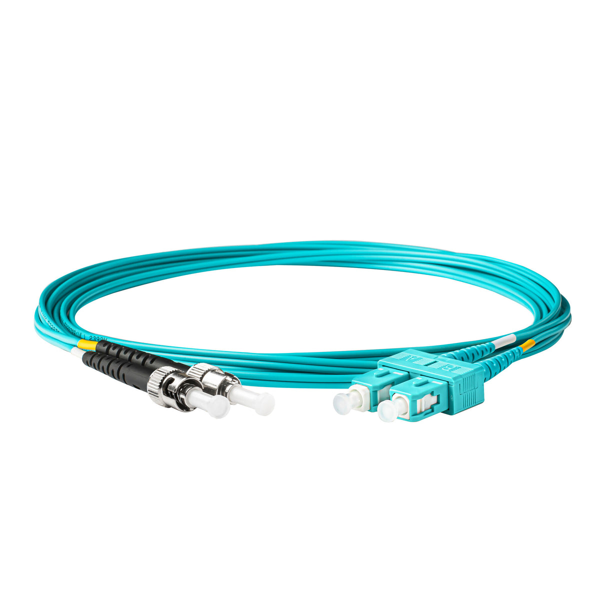 TAA Compliant Fiber Patch Cable | 0.2dB SC/UPC to ST/UPC Multimode OM3 Duplex  | Corning ClearCurve OM3 50 µm Laser-Optimized Fiber |  Aqua OFNR Jacket, Aqua  Connectors