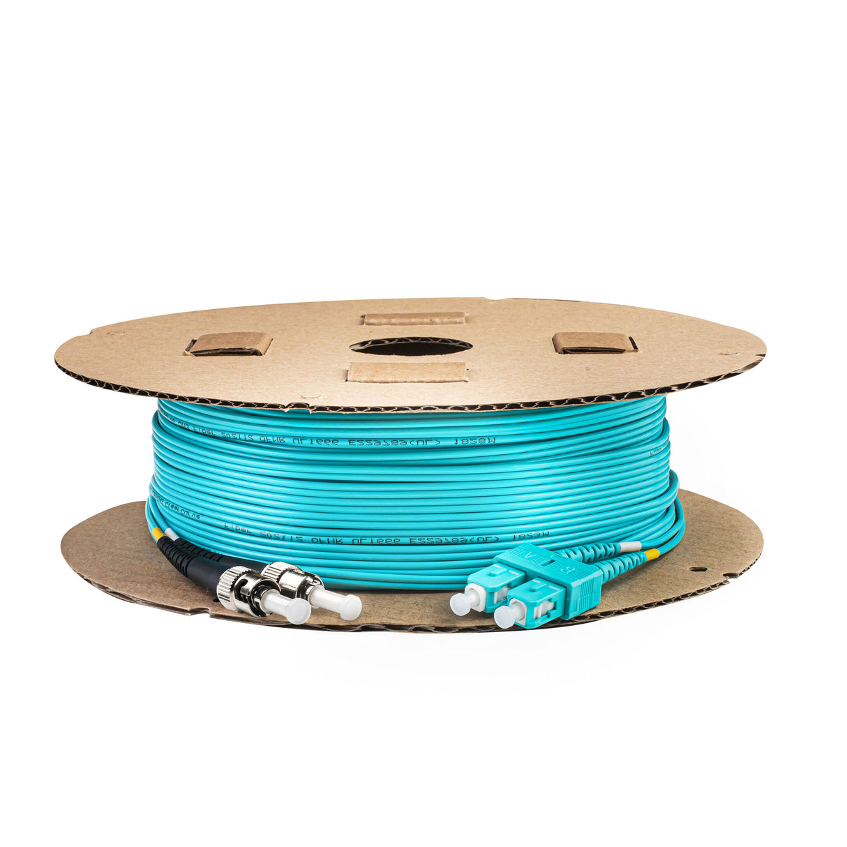 TAA Compliant Fiber Patch Cable | 0.2dB SC/UPC to ST/UPC Multimode OM3 Duplex  | Corning ClearCurve OM3 50 µm Laser-Optimized Fiber |  Aqua OFNR Jacket, Aqua  Connectors