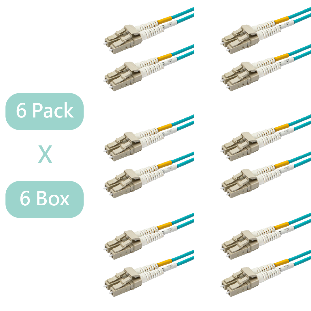 Bundle Deal – 0.2dB LC/UPC to LC/UPC Multimode OM3 Duplex Fiber Patch Cable | Corning ClearCurve OM3 50 µm Laser-Optimized Fiber |  Aqua Jacket, Beige  Connectors | 1 Foot | 6-Pack