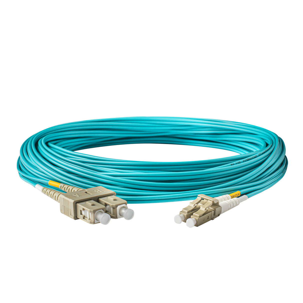 Low Loss 0.15dB LC/UPC to SC/UPC Multimode OM4 Duplex Fiber Patch Cable | Corning ClearCurve OM4 50 µm Laser-Optimized Fiber |  Aqua OFNP Jacket, Beige  Connectors