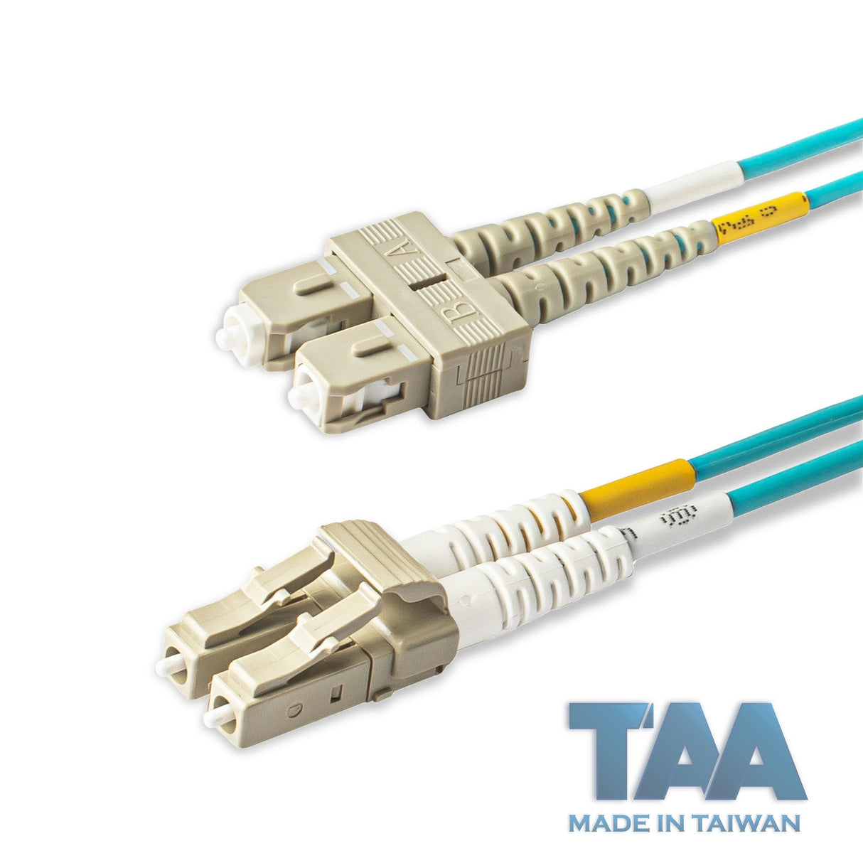 TAA合規 | 電信級 0.2dB  LC/UPC to SC/UPC 多模 OM3 雙工光纖跳線 | 康寧纖芯 |  水綠色 OFNR 外被, 米色接頭