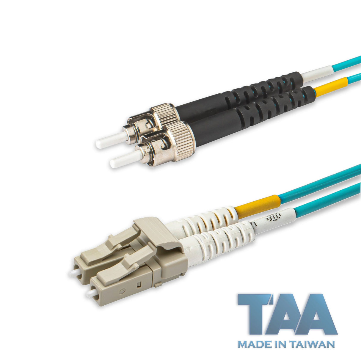 TAA合規 | 電信級 0.2dB  LC/UPC to ST/UPC 多模 OM3 雙工光纖跳線 | 康寧纖芯 |  水綠色 OFNR 外被, 米色接頭