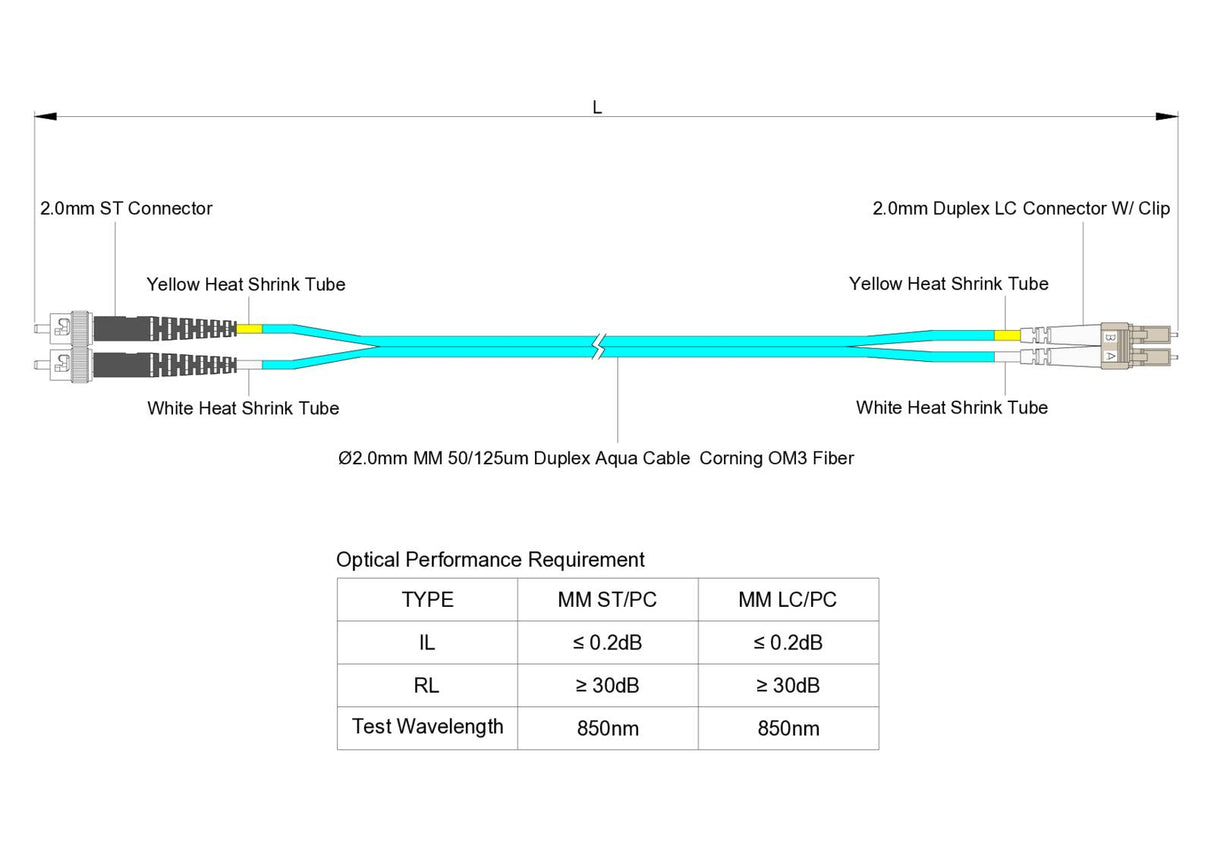 TAA Compliant Fiber Patch Cable | 0.2dB LC/UPC to ST/UPC Multimode OM3 Duplex  | Corning ClearCurve OM3 50 µm Laser-Optimized Fiber |  Aqua OFNR Jacket, Beige  Connectors