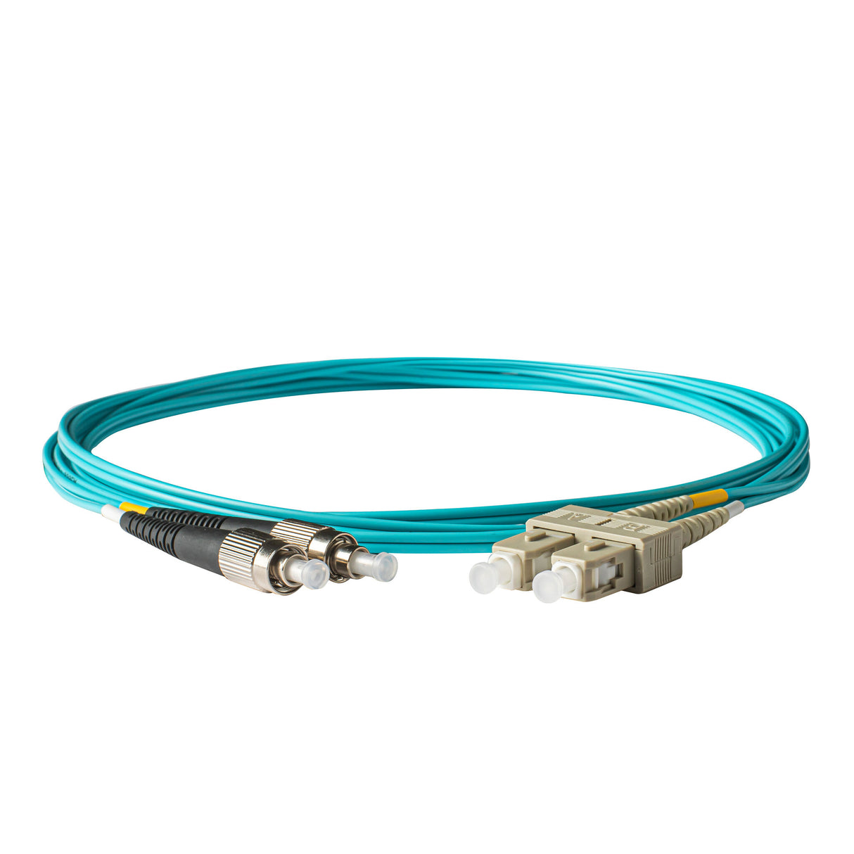 0.2dB SC/UPC to FC/UPC Multimode OM3 Duplex Fiber Patch Cable | Corning ClearCurve OM3 50 µm Laser-Optimized Fiber |  Aqua OFNR Jacket, Beige  Connectors