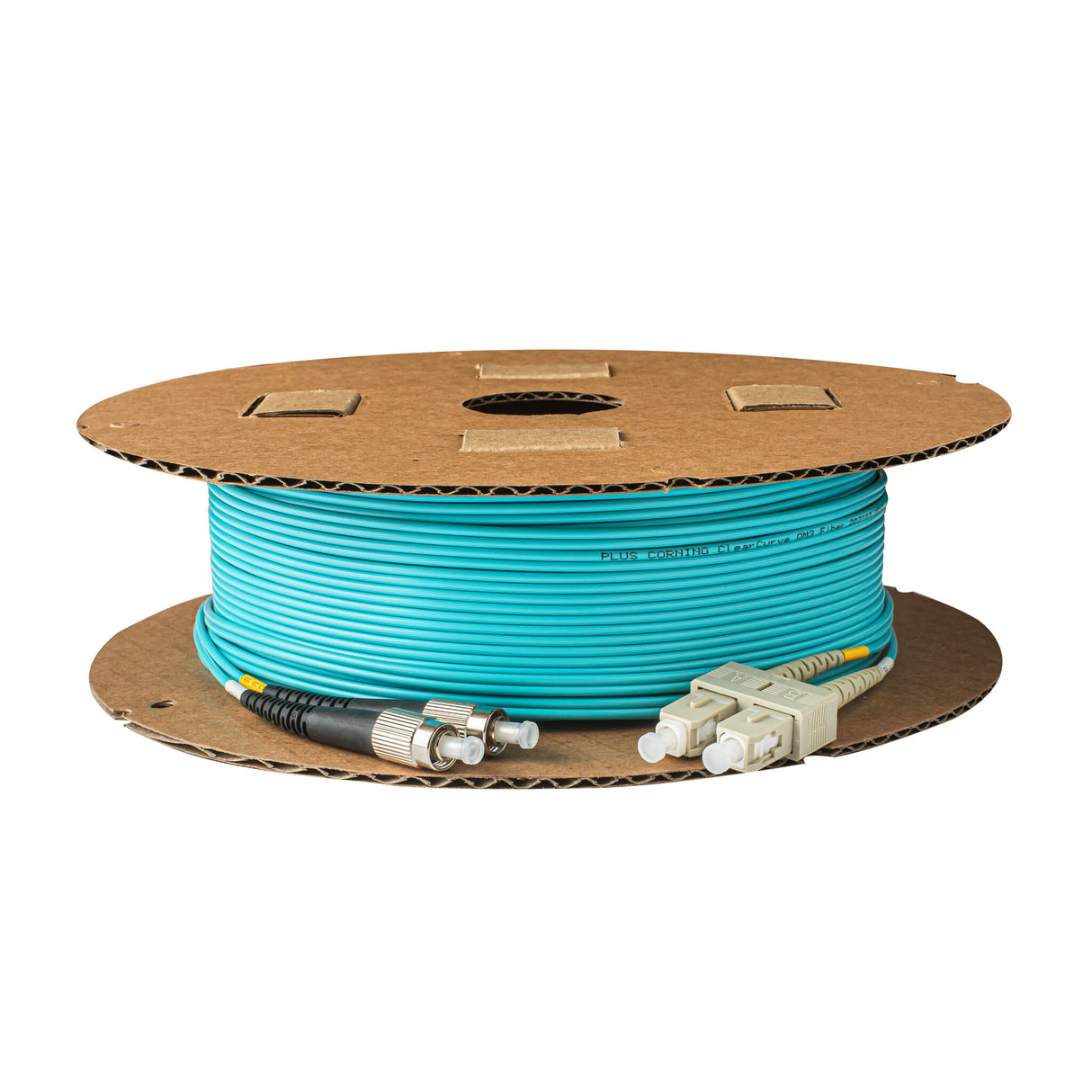 0.2dB SC/UPC to FC/UPC Multimode OM3 Duplex Fiber Patch Cable | Corning ClearCurve OM3 50 µm Laser-Optimized Fiber |  Aqua OFNR Jacket, Beige  Connectors