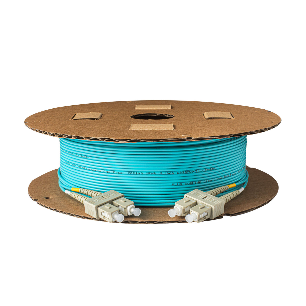 TAA Compliant Fiber Patch Cable | 0.2dB SC/UPC to SC/UPC Multimode OM3 Duplex  | Corning ClearCurve OM3 50 µm Laser-Optimized Fiber |  Aqua OFNR Jacket, Beige  Connectors