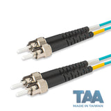 TAA合規 | 電信級 0.2dB  ST/UPC to ST/UPC 多模 OM3 雙工光纖跳線 | 康寧纖芯 |  水綠色 OFNR 外被, 金屬接頭