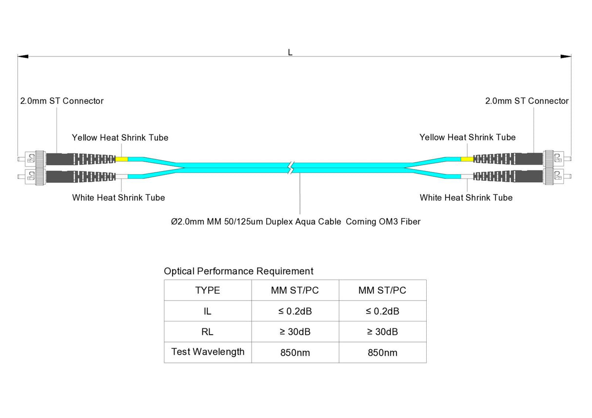 0.2dB ST/UPC to ST/UPC Multimode OM3 Duplex Fiber Patch Cable | Corning ClearCurve OM3 50 µm Laser-Optimized Fiber |  Aqua LSZH Jacket, Metal  Connectors