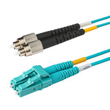 Aqua LC-FC multimode OM4 fiber patch cable with Corning OM4 50/125um optical fiber, aqua jacket, available in custom lengths and specifications. Ideal for data centers, enterprise networks, and telecom rooms.