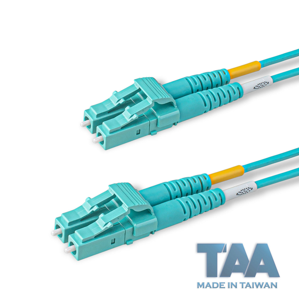 TAA合規 | 電信級 0.2dB  LC/UPC to LC/UPC 多模 OM4 雙工光纖跳線 | 康寧纖芯 |  水綠色 OFNR 外被, 水綠色接頭