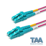 TAA合規 | 電信級 0.2dB  LC/UPC to LC/UPC 多模 OM4 雙工光纖跳線 | 康寧纖芯 |  洋紅色 OFNR 外被, 水綠色接頭