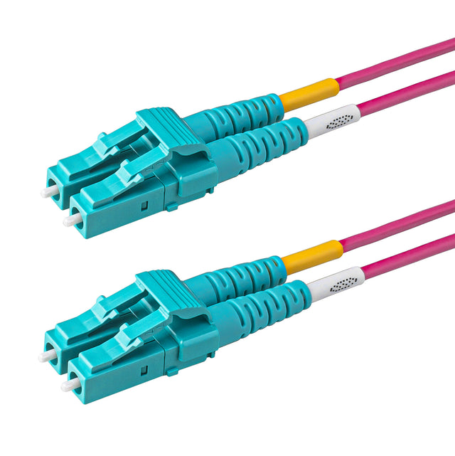 Aqua LC-LC multimode OM4 fiber patch cable with Corning OM4 50/125um optical fiber, magenta jacket, available in custom lengths and specifications. Ideal for data centers, enterprise networks, and telecom rooms.