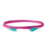 TAA Compliant Fiber Patch Cable | 0.2dB LC/UPC to LC/UPC Multimode OM4 Duplex  | Corning ClearCurve OM4 50 µm Laser-Optimized Fiber |  Magenta OFNR Jacket, Aqua  Connectors