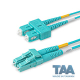 TAA合規 | 電信級 0.2dB  LC/UPC to SC/UPC 多模 OM4 雙工光纖跳線 | 康寧纖芯 |  水綠色 OFNR 外被, 水綠色接頭