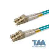 TAA合規 | 電信級 0.2dB  LC/UPC to LC/UPC 多模 OM4 雙工光纖跳線 | 康寧纖芯 |  水綠色 OFNR 外被, 米色接頭