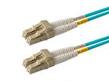 Beige LC-LC multimode OM4 fiber patch cable with Corning OM4 50/126um optical fiber, aqua jacket, available in custom lengths and specifications. Ideal for data centers, enterprise networks, and telecom rooms.