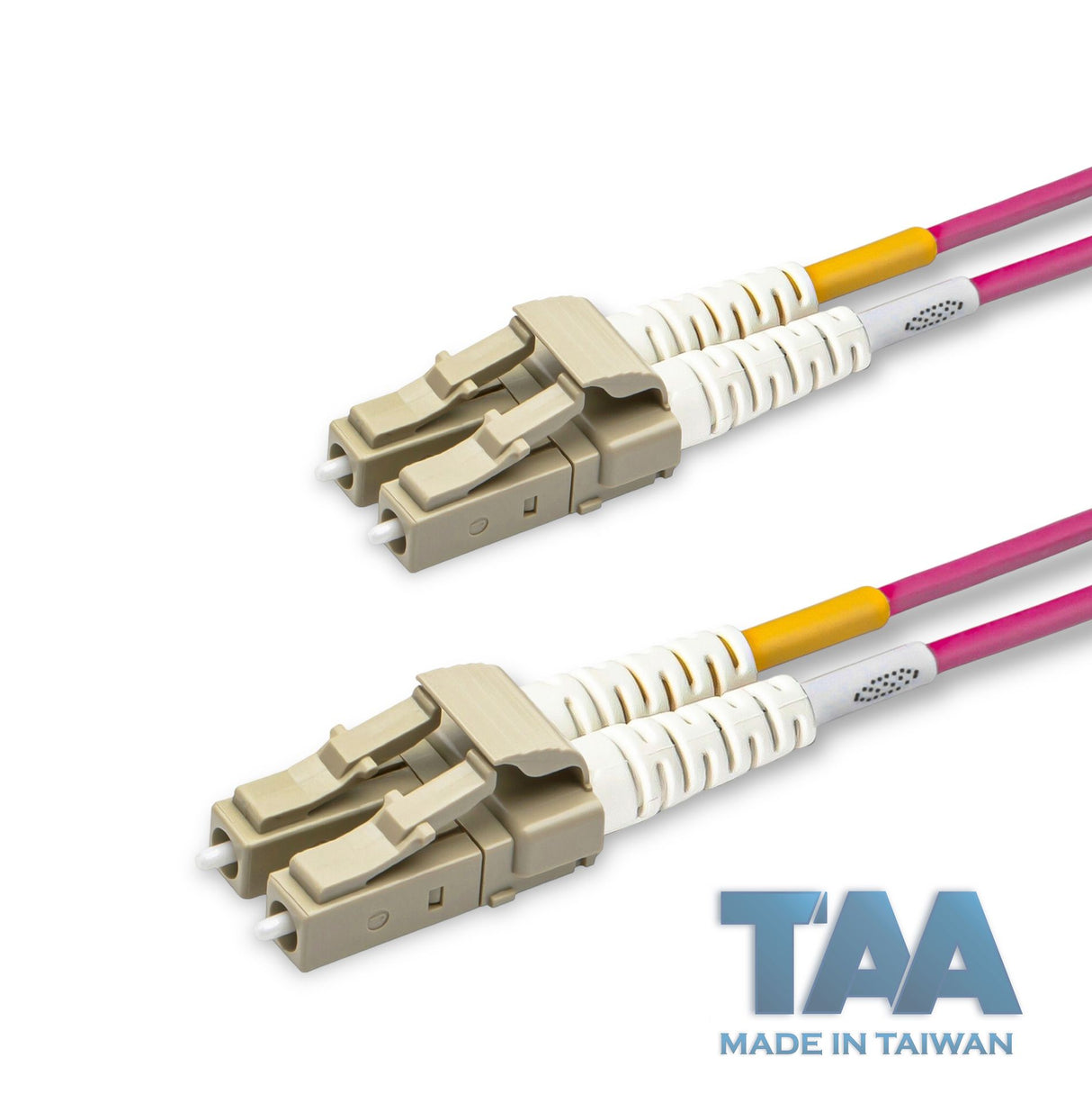 TAA合規 | 電信級 0.2dB  LC/UPC to LC/UPC 多模 OM4 雙工光纖跳線 | 康寧纖芯 |  洋紅色 OFNR 外被, 米色接頭