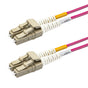 Beige LC-LC multimode OM4 fiber patch cable with Corning OM4 50/125um optical fiber, magenta jacket, available in custom lengths and specifications. Ideal for data centers, enterprise networks, and telecom rooms.