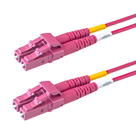Magenta LC-LC multimode OM4 fiber patch cable with Corning OM4 50/125um optical fiber, magenta jacket, available in custom lengths and specifications. Ideal for data centers, enterprise networks, and telecom rooms.